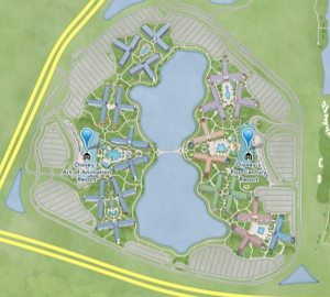 Map showing Disney's Art of Animation and Pop Century Resorts