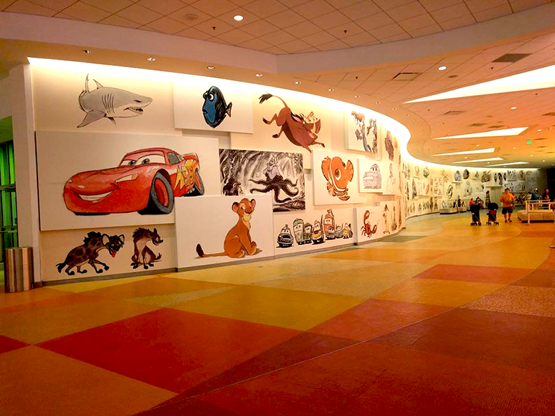 Curvy Wall of Drawings in Lobby Animation Sketches at Art of Animation