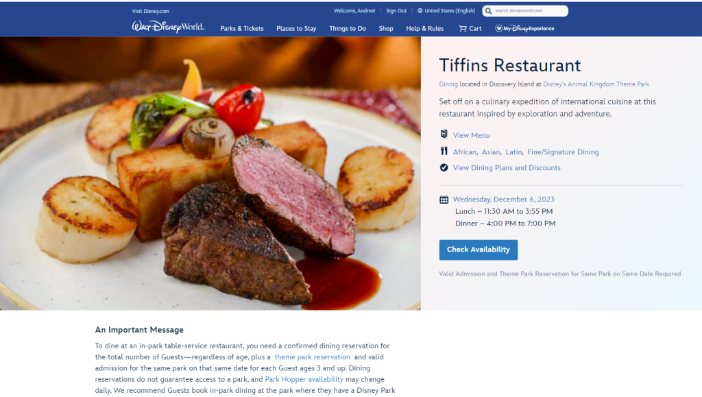 Tiffins Restaurant on the Disney World website