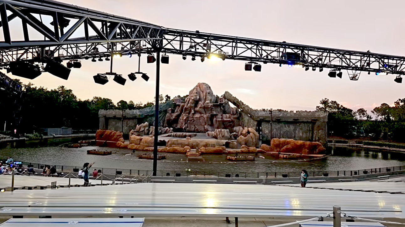 Fantasmic! stadium seating, stage and moat in daylight